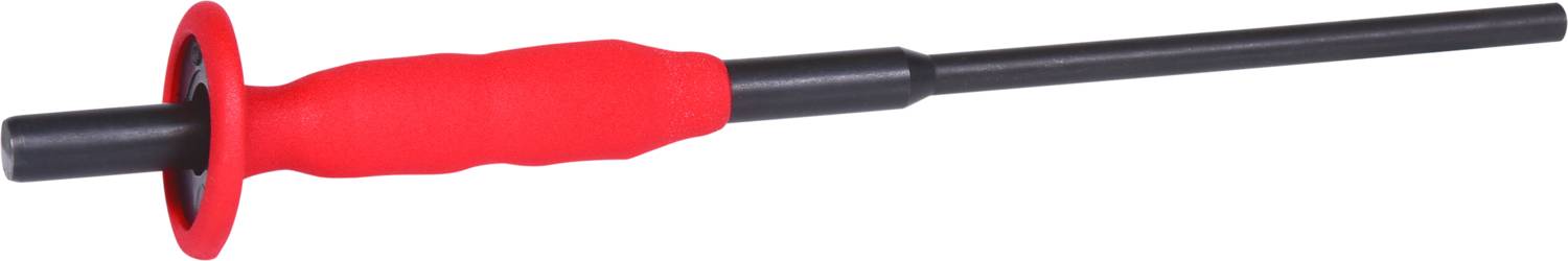 A red, rubberised screwdriver handle with a black metal blade, set against a white background.