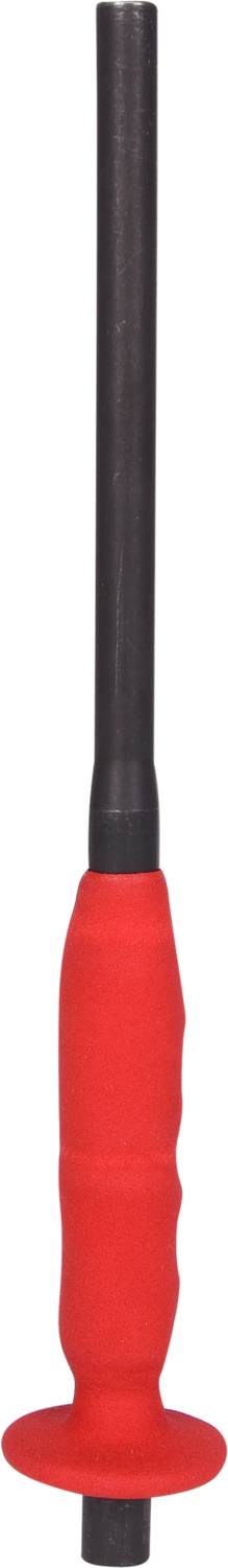 A red plastic handle with a black end, possibly a tool handle or grip bar, against a white background.