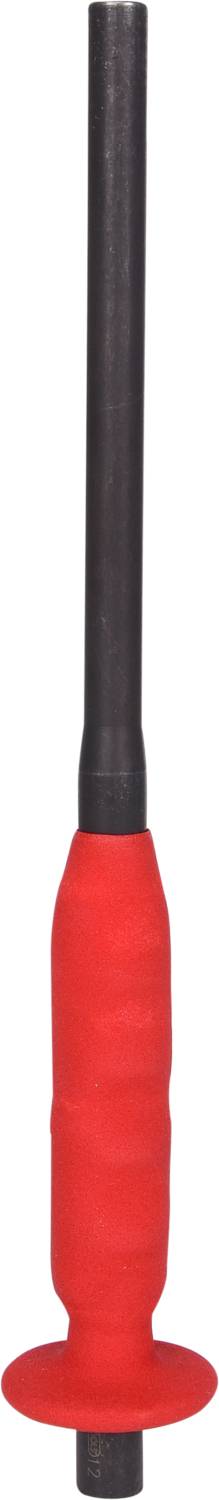 A red pump with a black hose, used for inflating balls or inflatable objects.