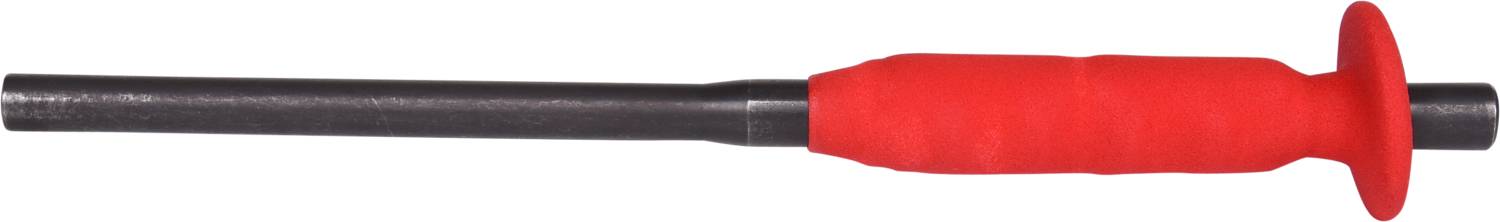 A red rubber grip on a black rod, likely a tool or piece of sporting equipment, rests on a white background.