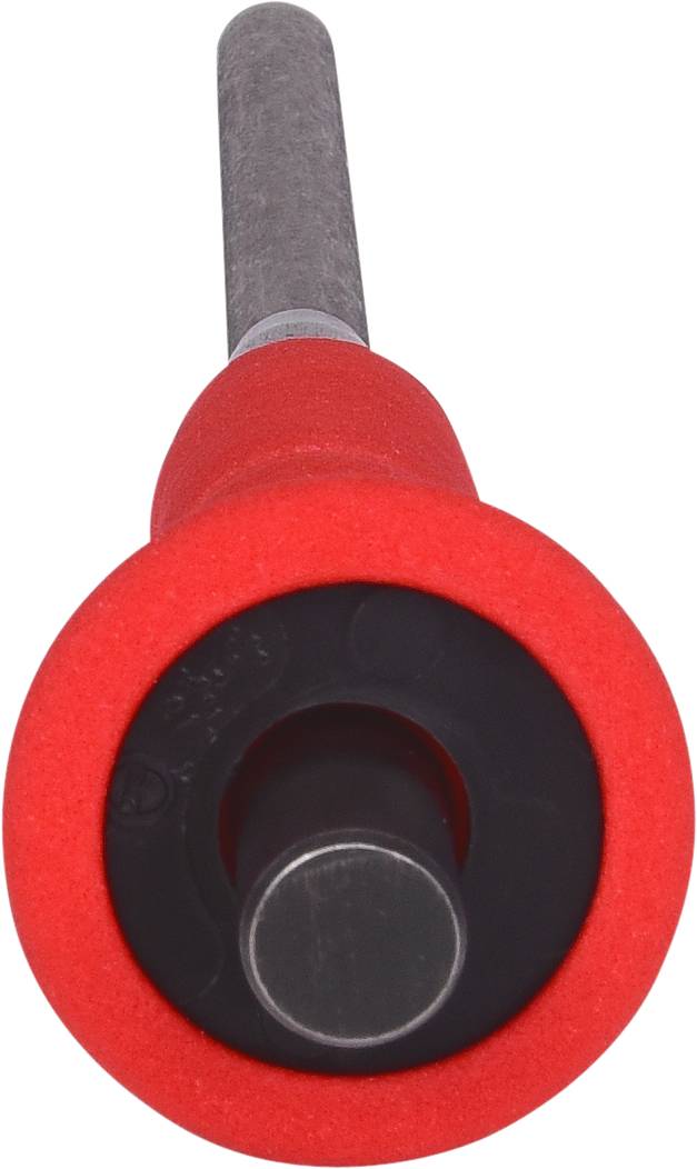 A red polishing tool with a black inner circle and a long, silver handle, positioned vertically.