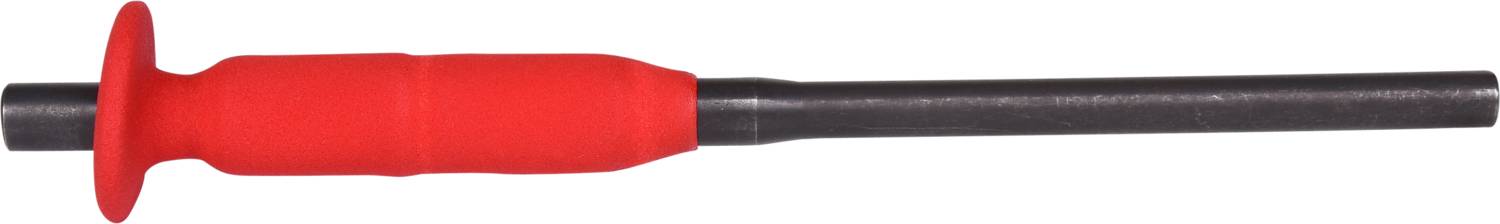 A red and black handle with a long black shaft, possibly a tool or part of a tool.