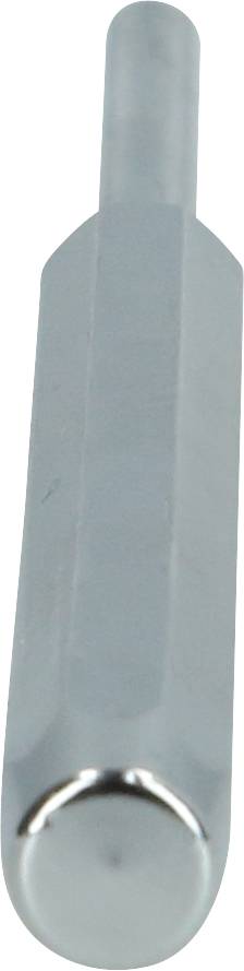 Close-up of a silver, hexagonal metal tool with a rounded end; possibly a screwdriver bit.