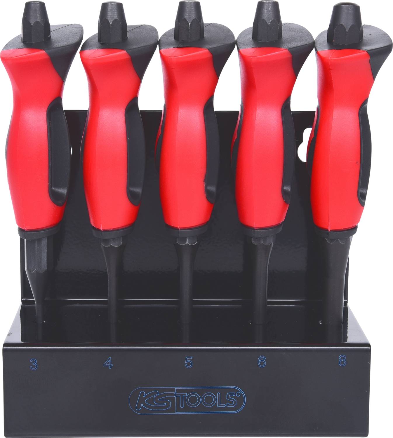 Five red screwdrivers with black handles in a black holder, numbered from 3 to 8.