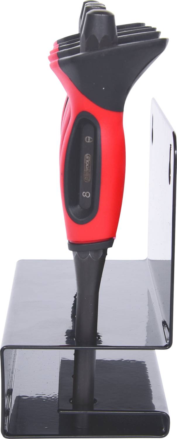Red and black screwdriver with hanging device, standing in side view.