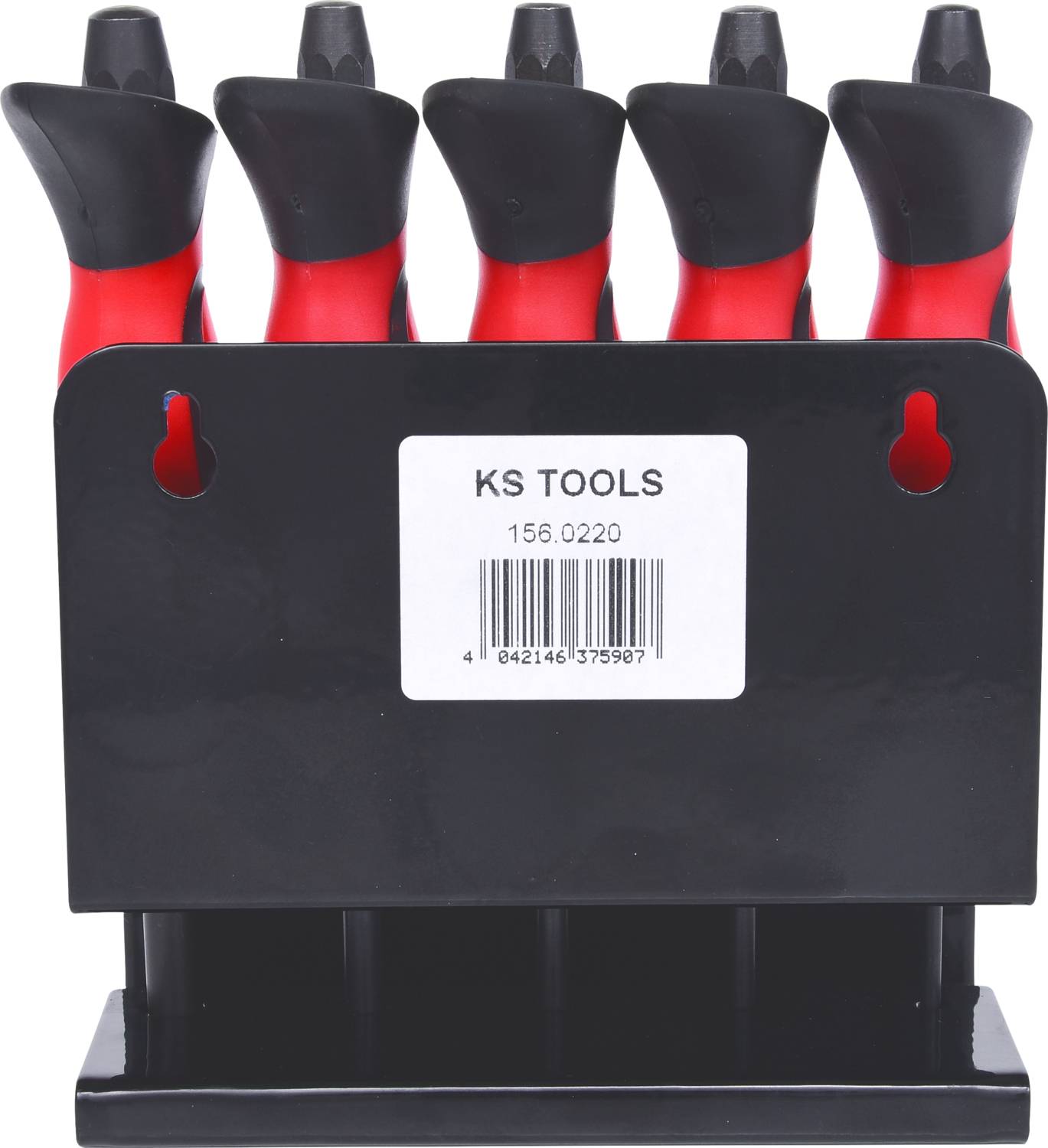 A set of seven red screwdrivers with black handles is standing in a black holder. A label with the number '156.0220' is attached.