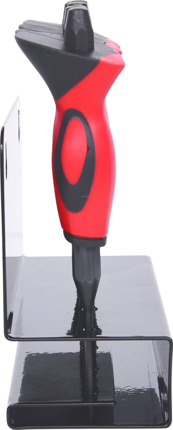 A red and black tool with a handle, standing upright on a transparent stand.