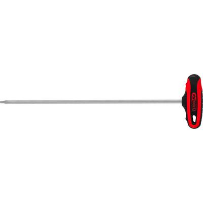 A long screwdriver with a red and black T-handle, positioned on the right side of the image.