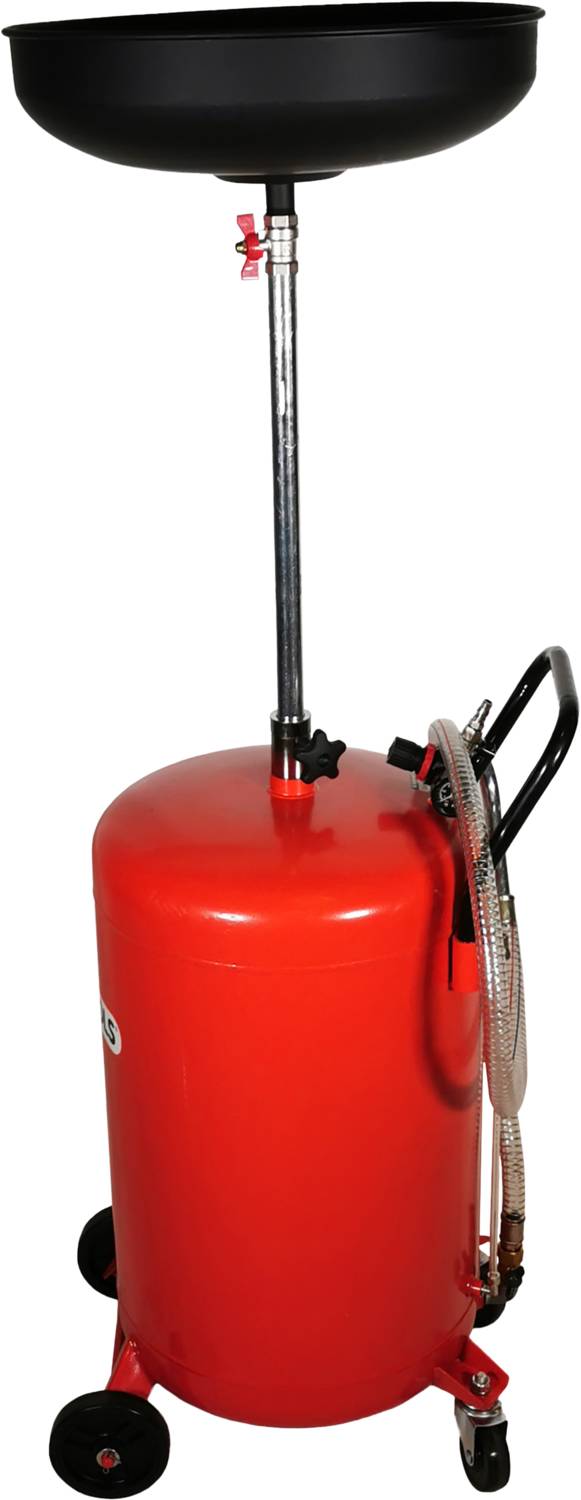 A red mobile waste oil collector with a black collection tray on top, transparent hose, and handle, mounted on wheels for easy movement.