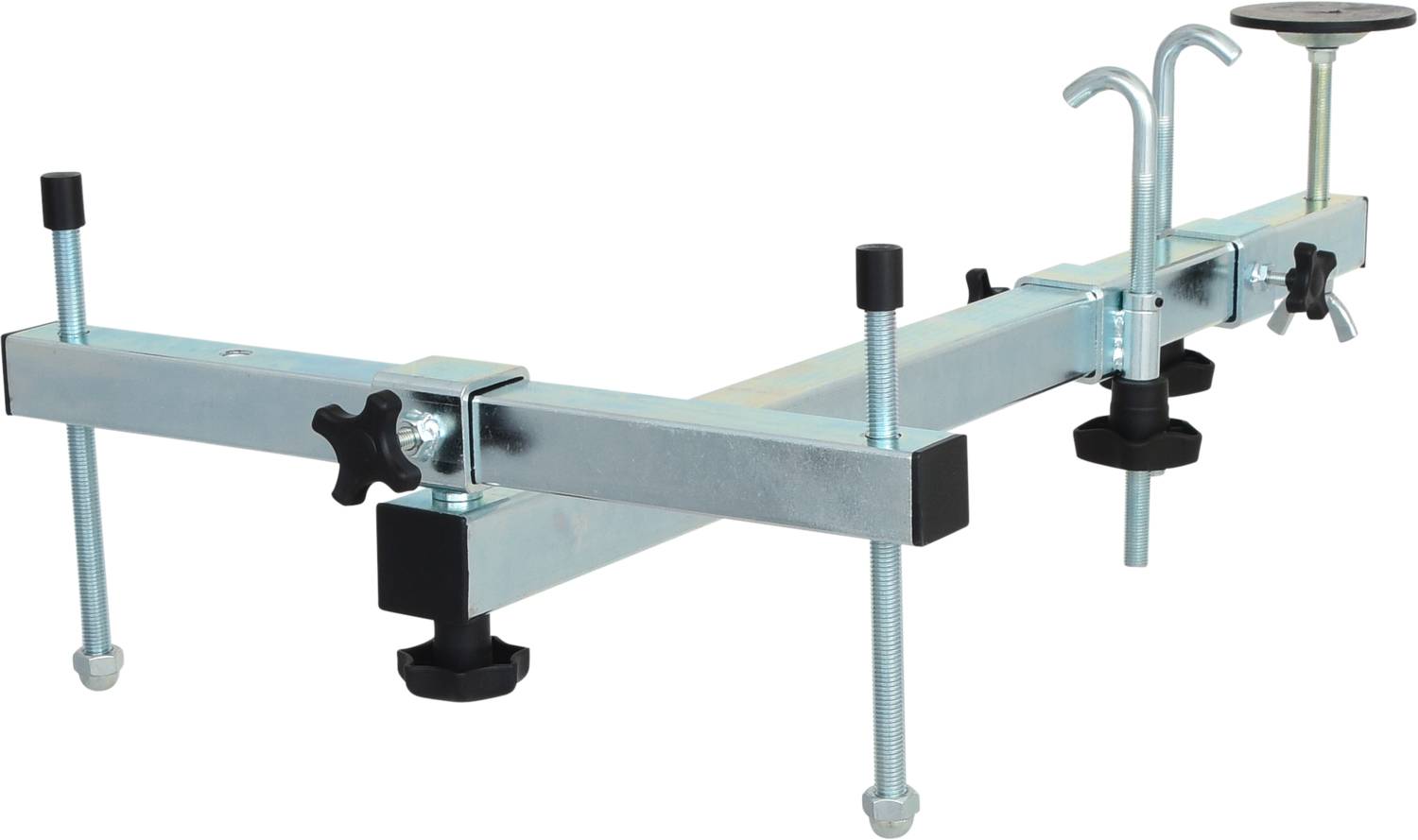 Metallic motor mounting system with rigid rods, hooks and rotary knobs for dampening. Used for securely holding motors.