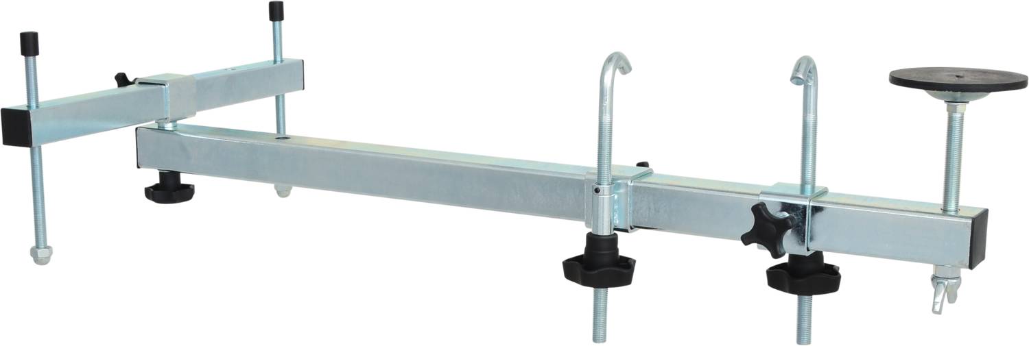 Metallic mounting support with hook and adjusting screws, used for precise installations and mountings in construction projects.