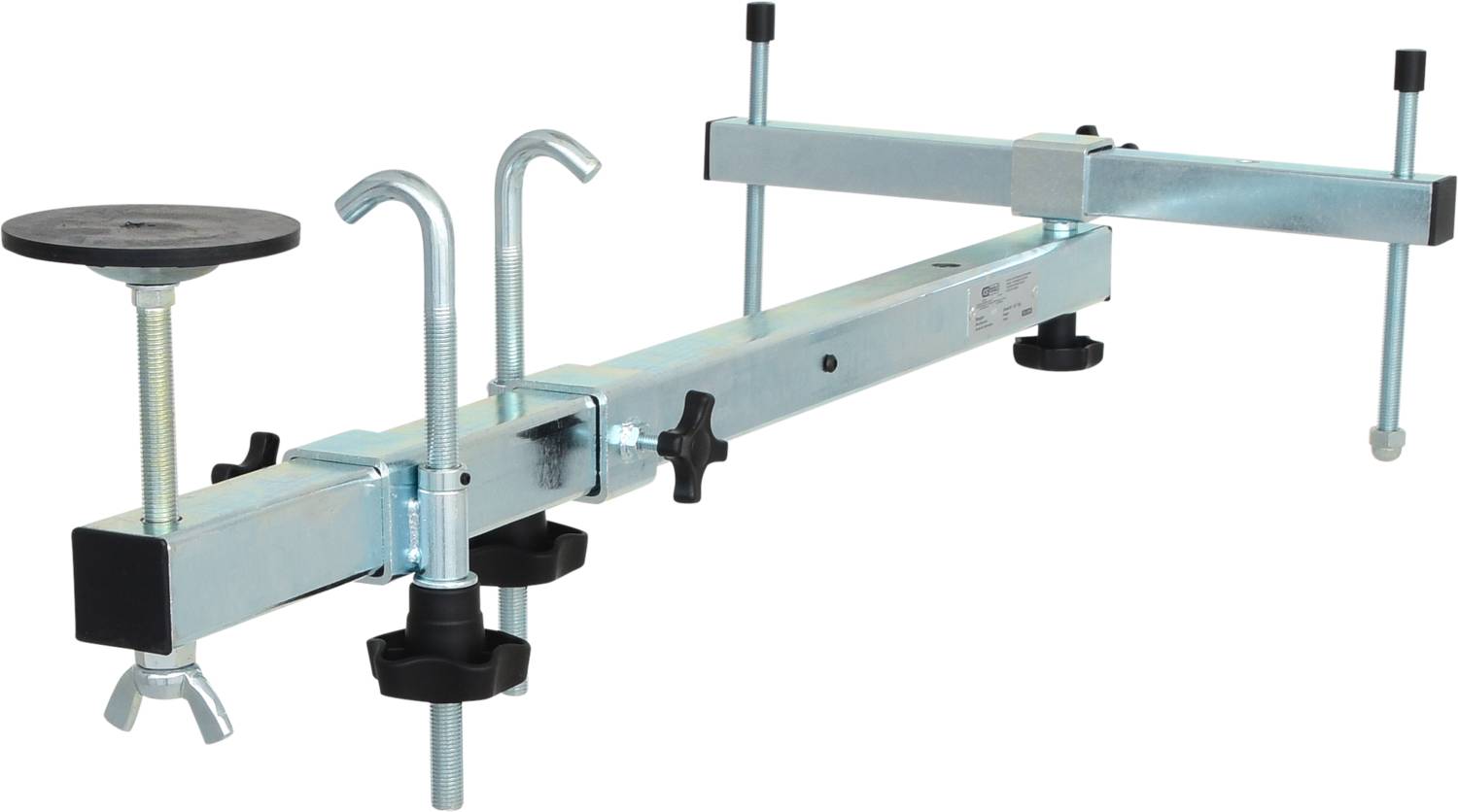 Metallic Vehicle Transmission Lifting Tool with Adjustable Hooks and Screw Mechanisms. Used to assist with transmission removal.