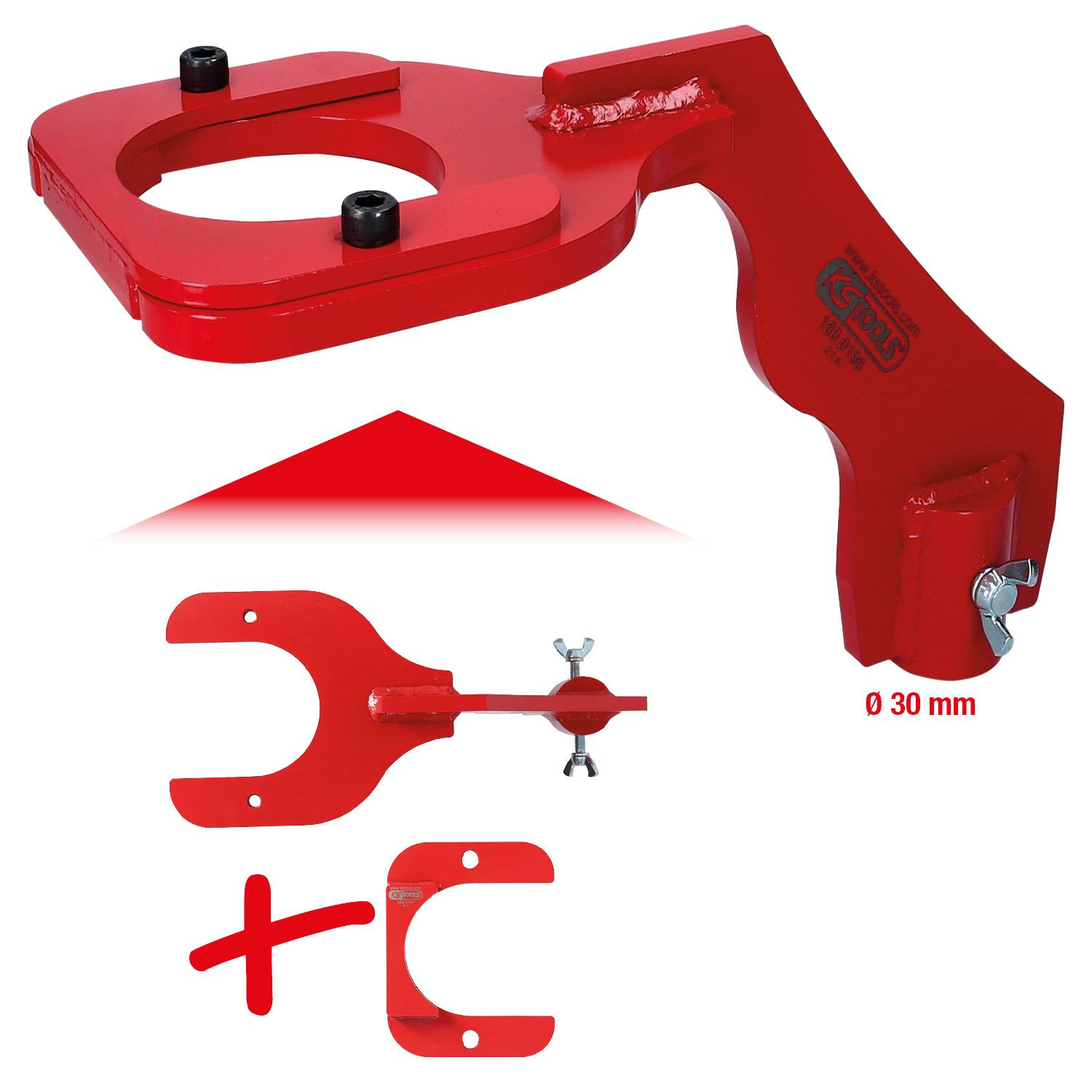 Red tension arm with a diameter of 30 mm, including an additional component and a mounting spanner.