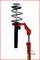 'Red shock absorber with black spiral spring, mounted on a vertical metal stand against a white background.'