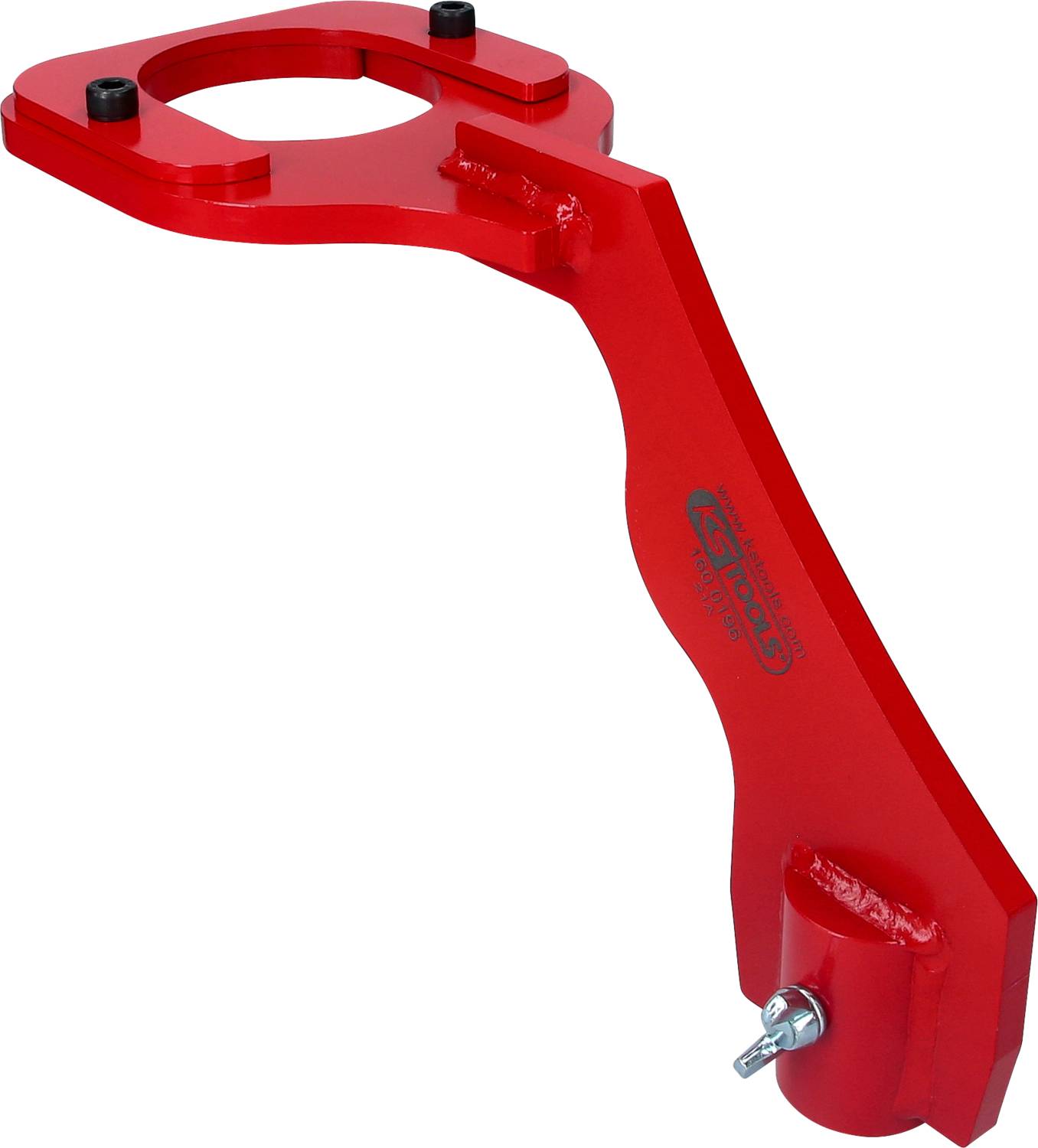 Red metal arm with a circular opening, possibly part of a mechanism or tool, pointing upward to the left.