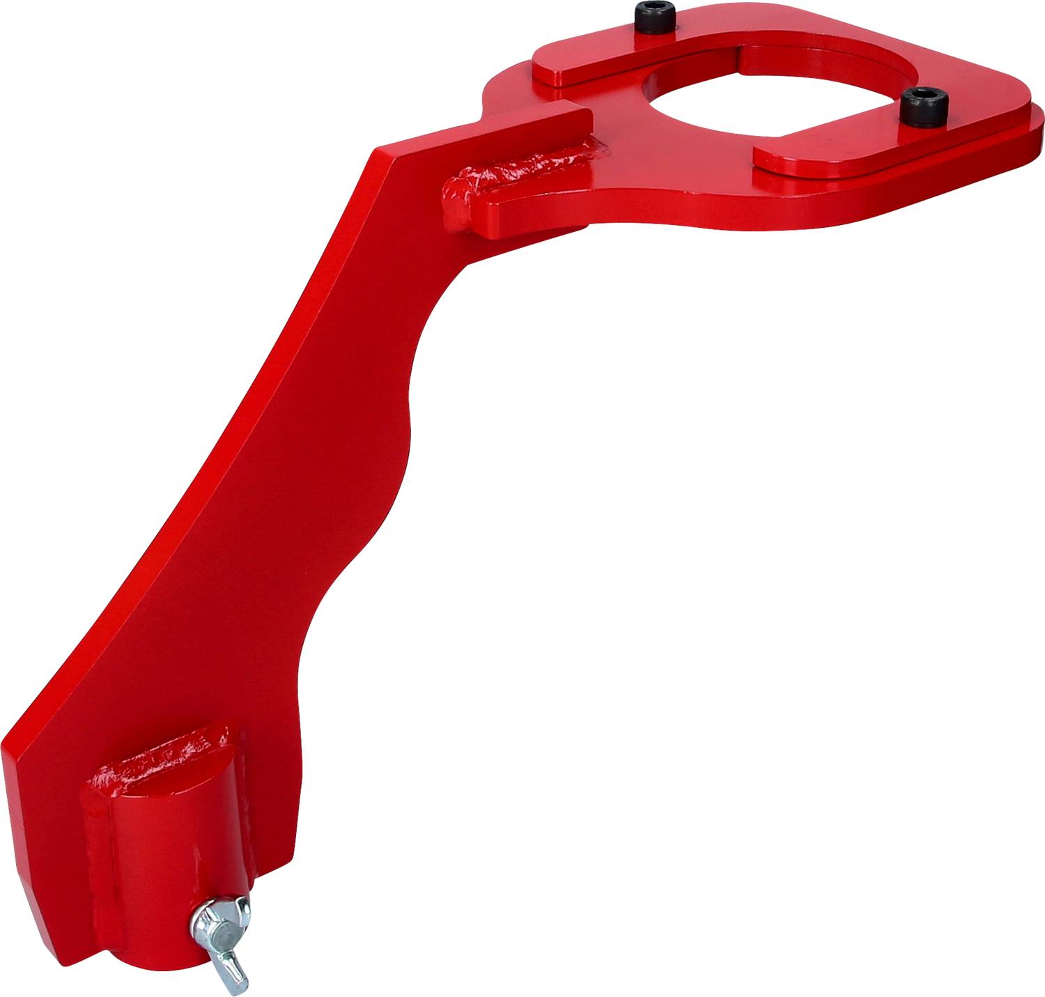 Red metal L-shaped component with mounting holes, possibly a mounting bracket or a part of a device.