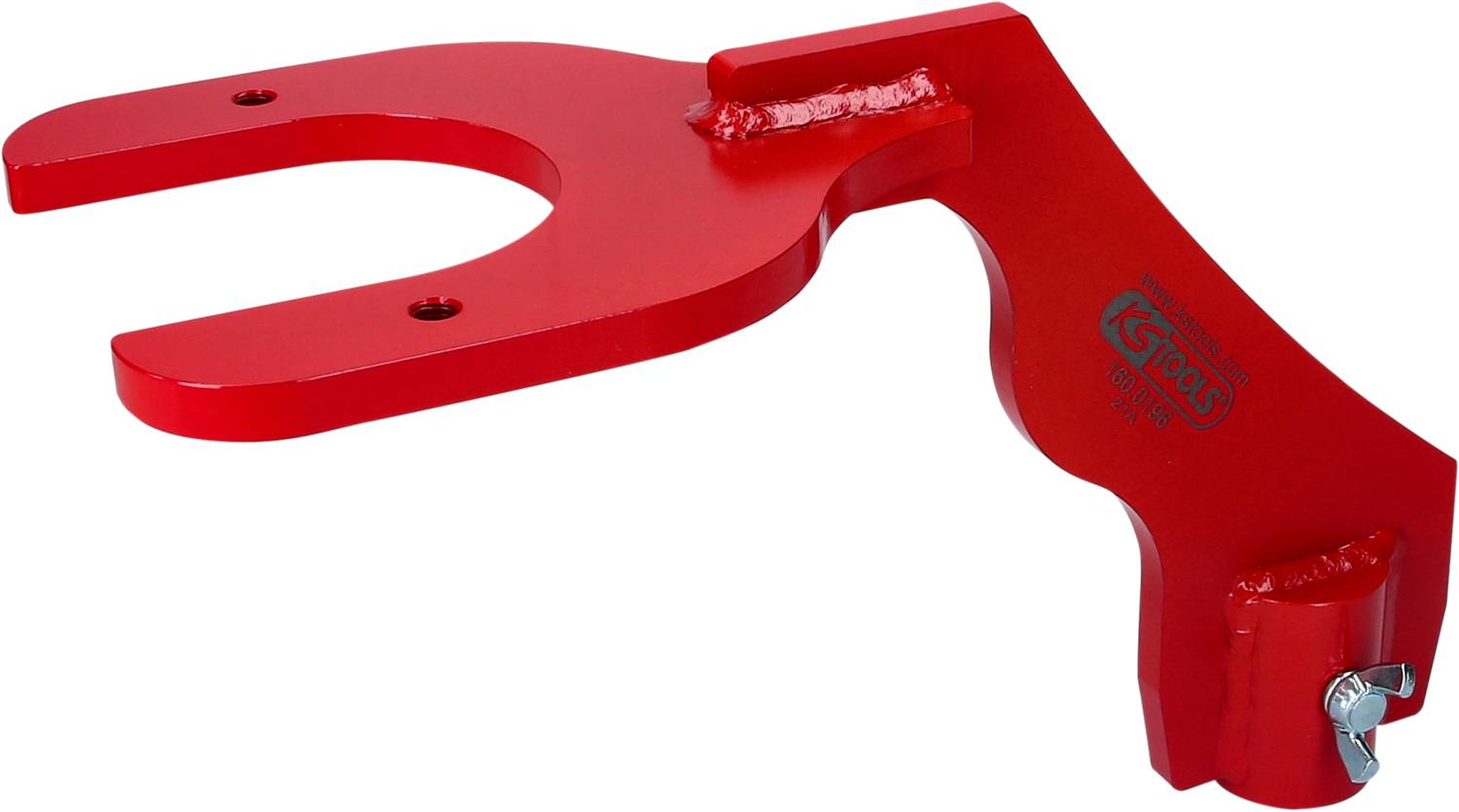 Red metal mounting bracket with a specific shape, potentially suitable for industrial or technical applications.