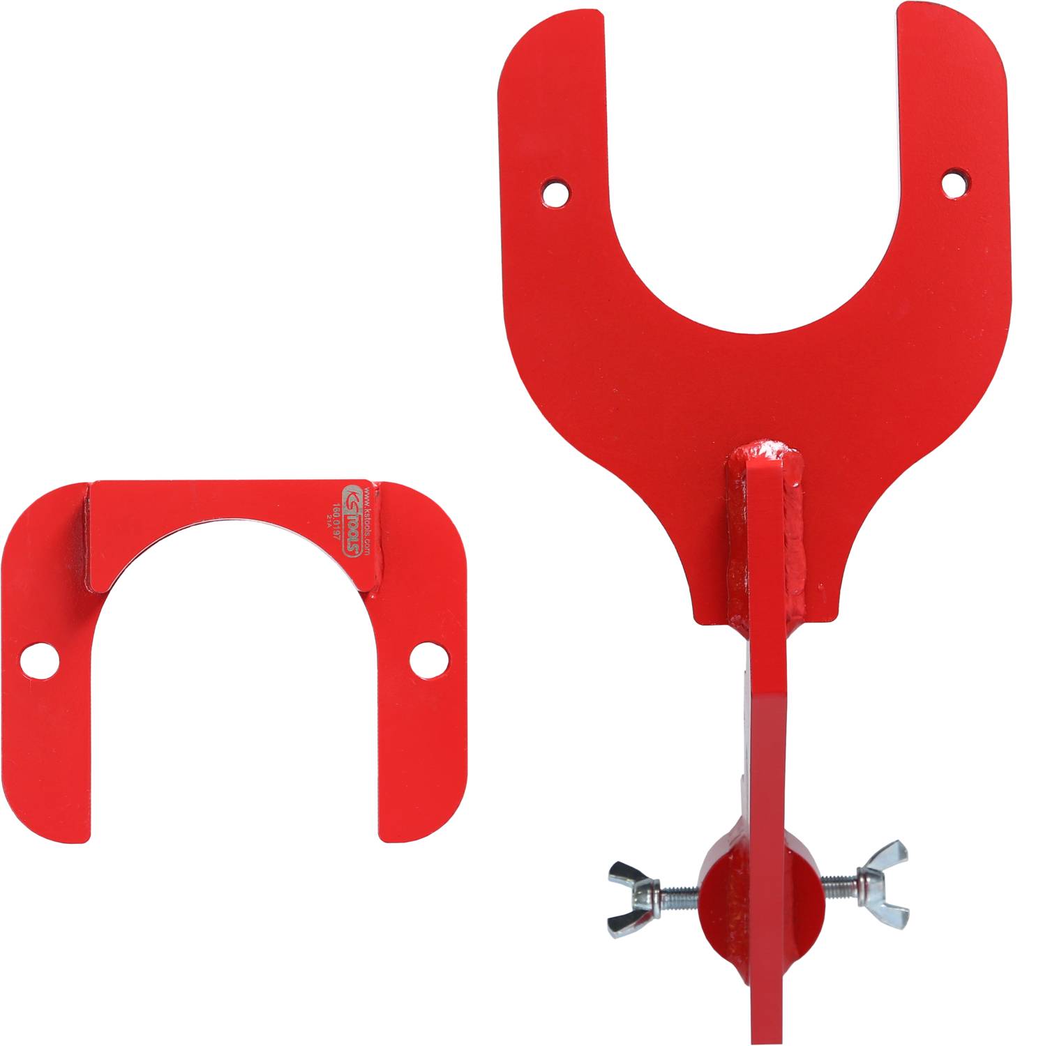 Red carrier and hook for guitar hanging, consisting of a curved main part and a removable hook.