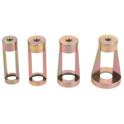Four different metallic adapters, cylindrical with lateral openings, in various heights and base sizes.