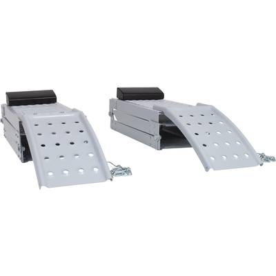 Two grey metal loading ramps with holes, placed side by side, connected by a small chain.