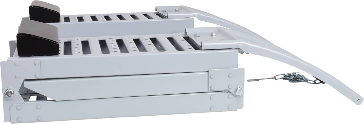 A grey, folding ramp with two non-slip surfaces and chain safety mechanism, suitable for loading vehicles or trailers.