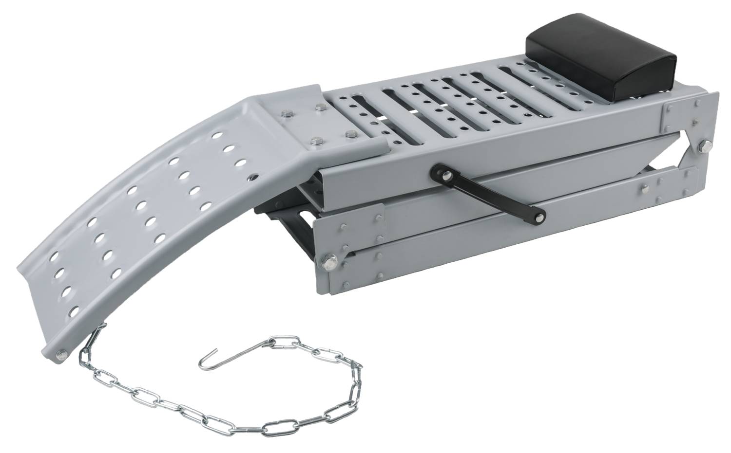 A foldable metal ramp with holes for improved grip, featuring a chain at one end and a non-slip pad on top.