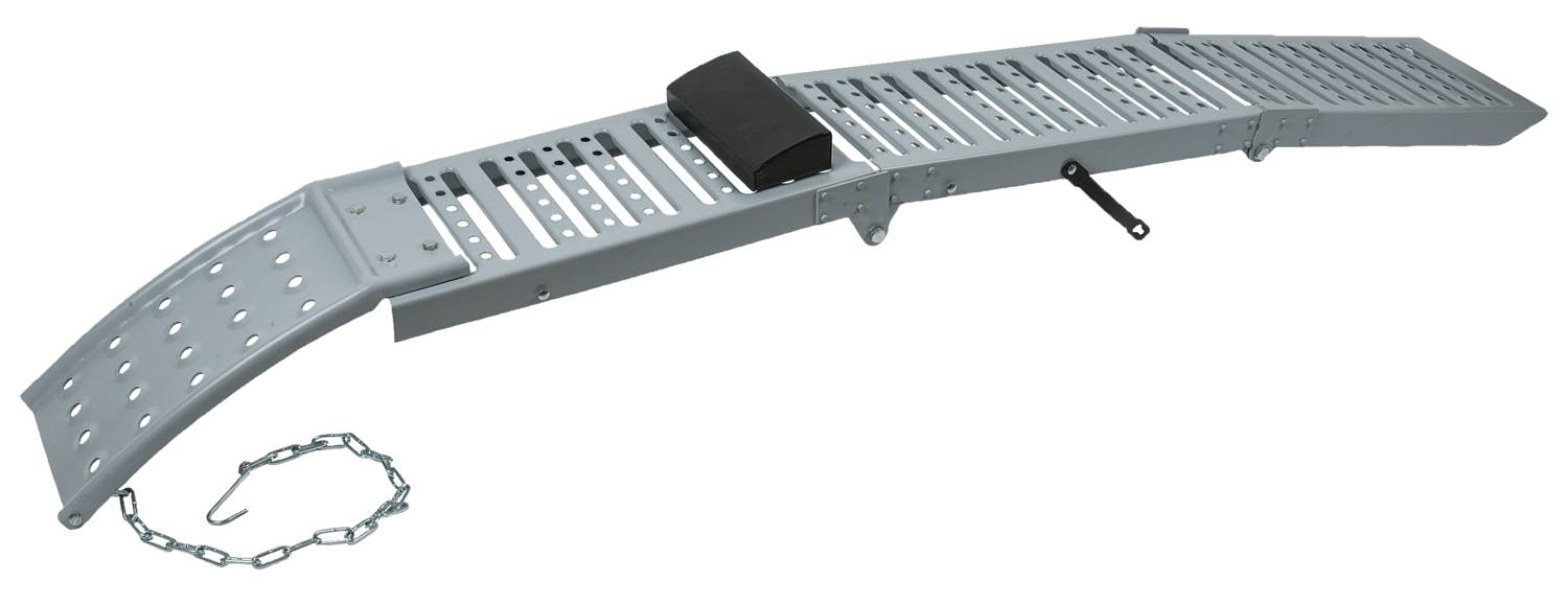 Foldable metal loading ramp with non-slip holes and chain, ideal for loading vehicles or equipment.