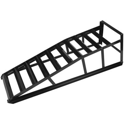 Black metal ramp with stepped structure, suitable for mechanical applications or vehicle repairs.