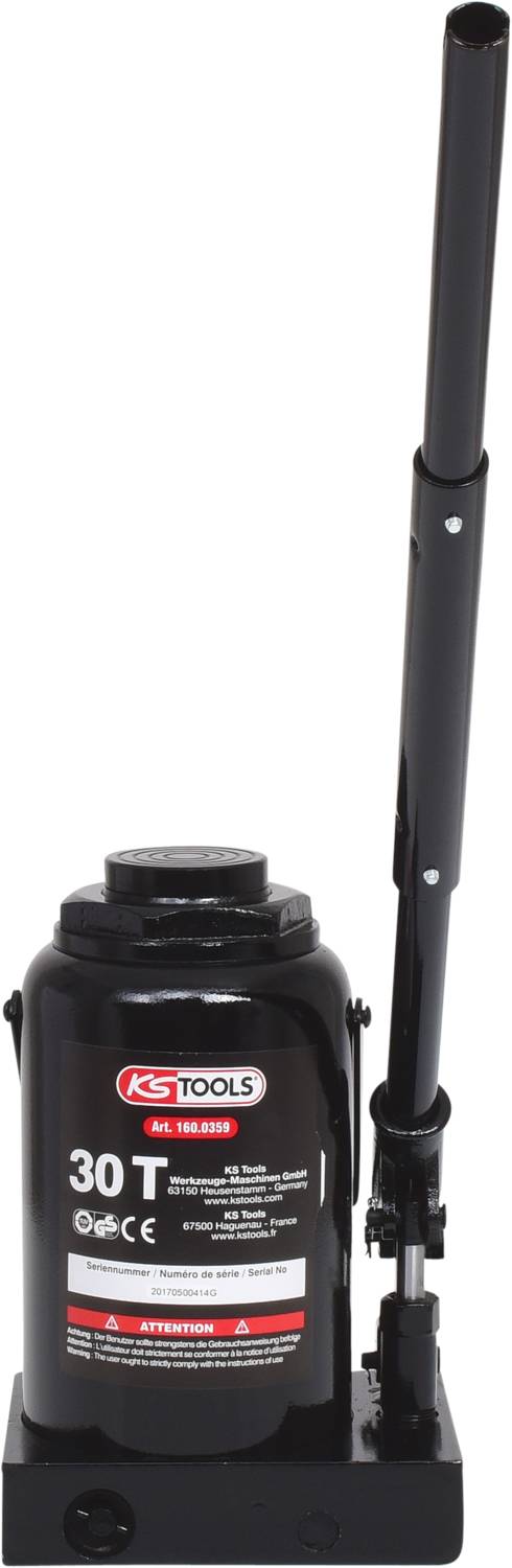 Hydraulic jack by KS Tools with a 30-tonne capacity, black design and safety stickers.