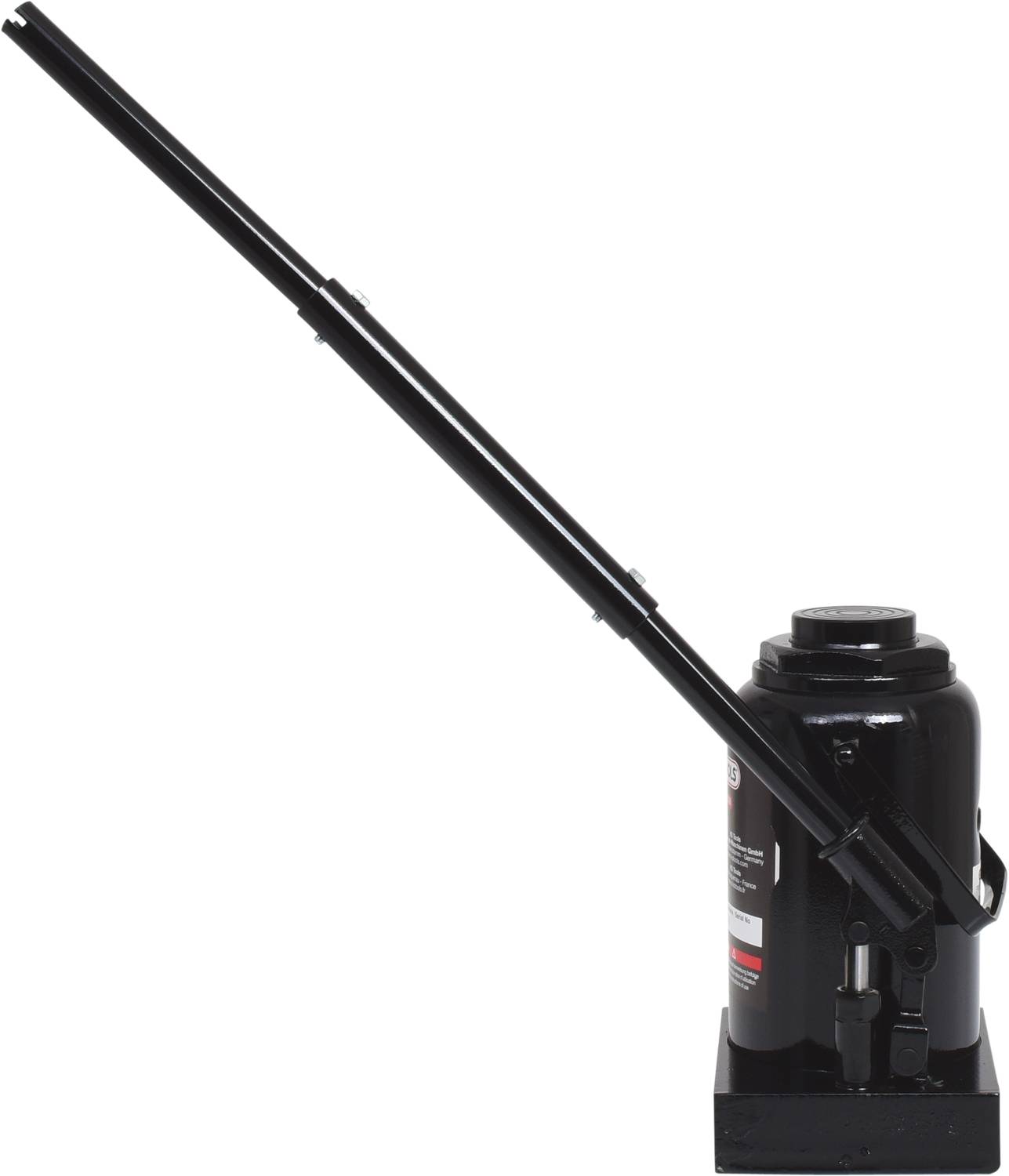 Black bottle-shaped jack in side view on a white background. Primarily used for lifting vehicles.