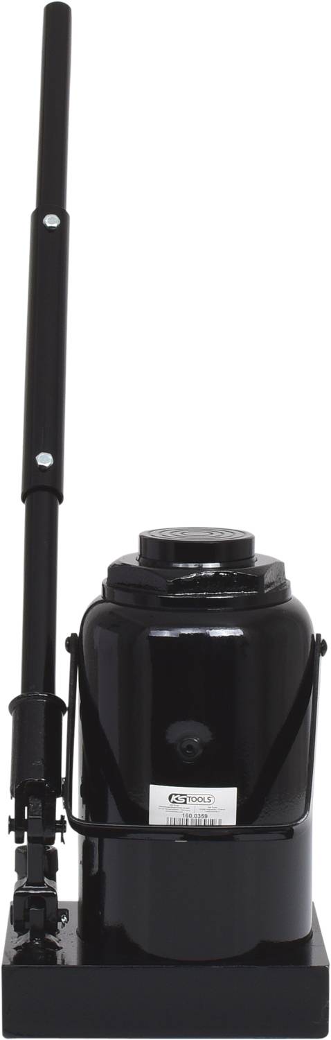 Black hydraulic jack with a long lever arm. Suitable for lifting heavy vehicles or machinery.<br><br>Note: This translation is already in British English, so no significant changes were required.