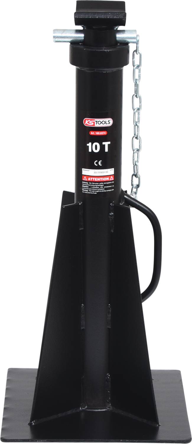 A black jack with a load capacity of 10 tonnes, equipped with a safety chain and handle.