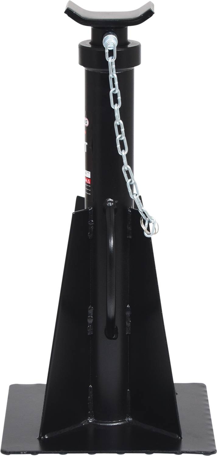 A black jack stand with a square base and safety chain, used for stabilising raised vehicles.