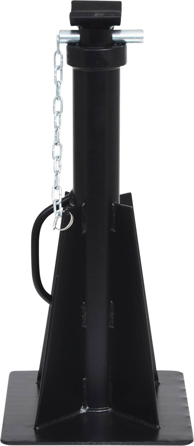 Black, adjustable car jack on a square base with chain and carrying handle.