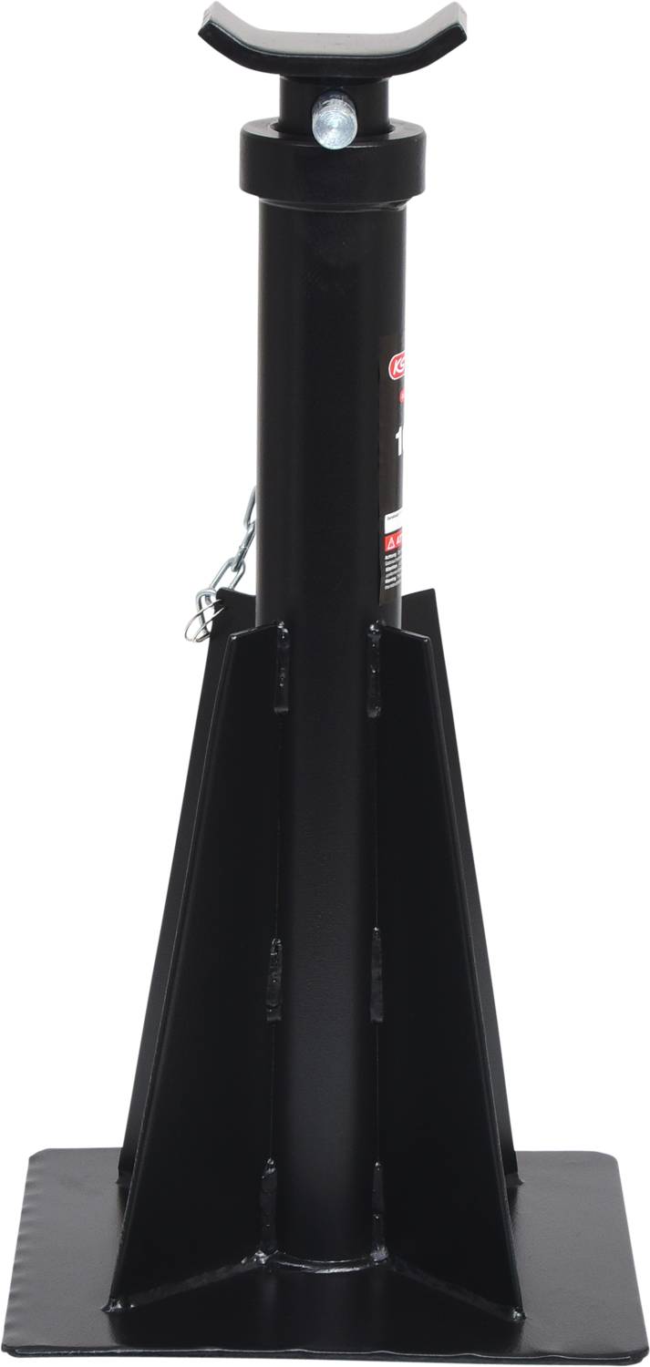 A black, adjustable jack with a flat base and safety pin, suitable for stabilising heavy vehicles.