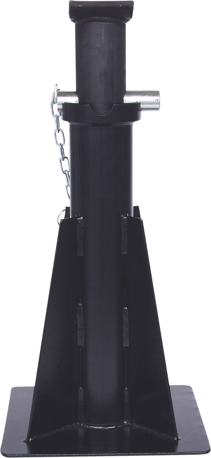 'Black, adjustable metal support stand with safety chain and wide base, suitable for stabilising heavy loads.'