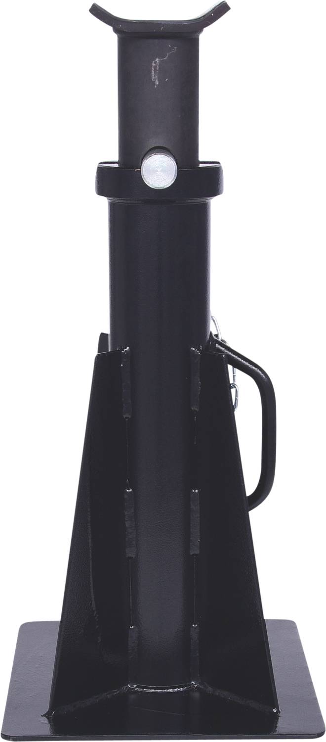 A black hydraulic jack, standing on a rectangular base, with a handle on the side for easy carrying.