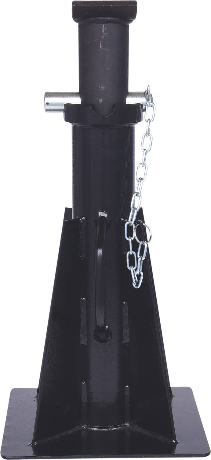 'Black jack with chain lock in upright position, suitable for lifting a vehicle.'