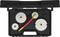 'Black plastic case with four round, white manometers and a red hose adapter, suitable for pressure measurements.'
