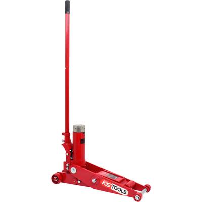 Red hydraulic jack with long lever and wheels, suitable for lifting vehicles. 'KS TOOLS' branded.
