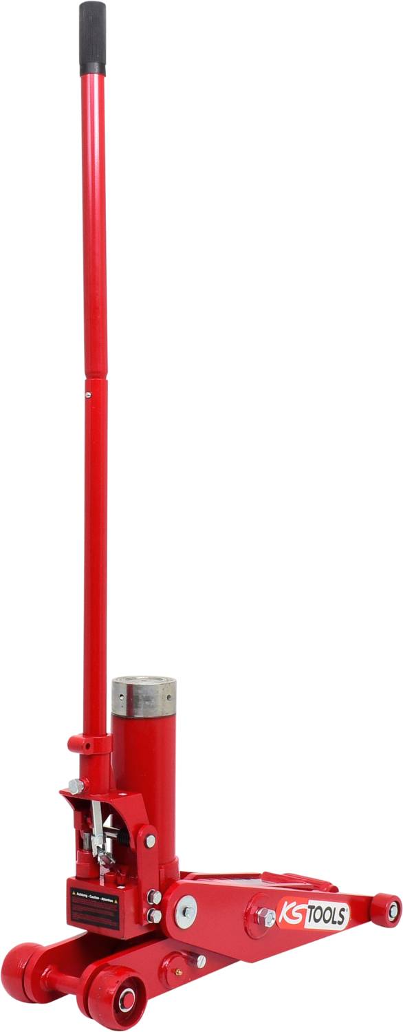 Red hydraulic trolley jack on wheels with long lever arm, suitable for lifting vehicles for repairs.