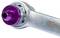 Metal key with a purple top, close-up; fastening tool, silver design with recognisable structure and brand.