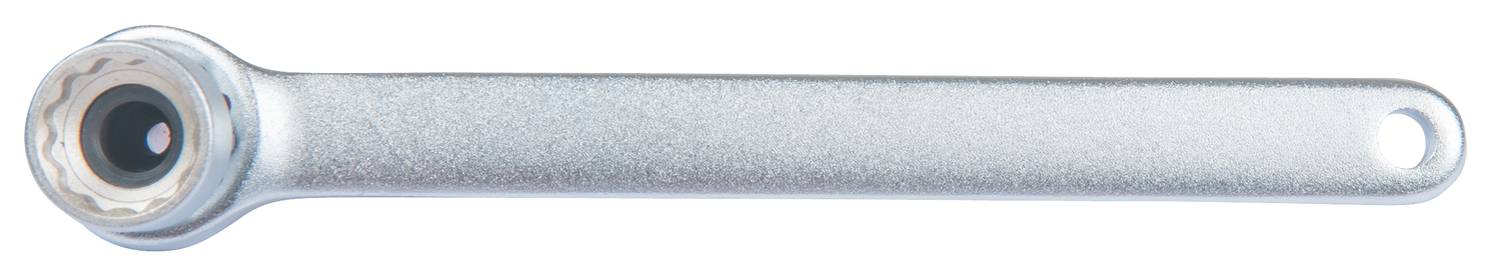 Silver-coloured spanner with a round head and long handle.