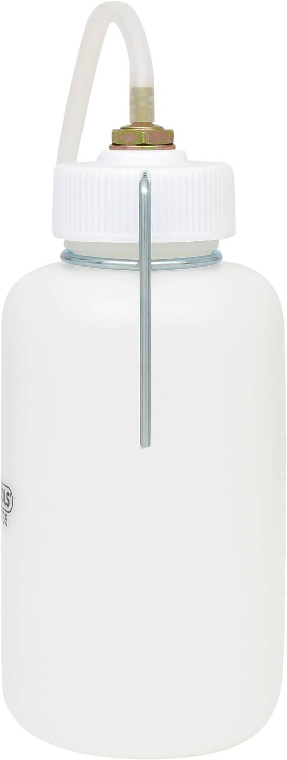 White plastic bottle with screw cap and thin tube connected, suitable for laboratory use for storing liquids.
