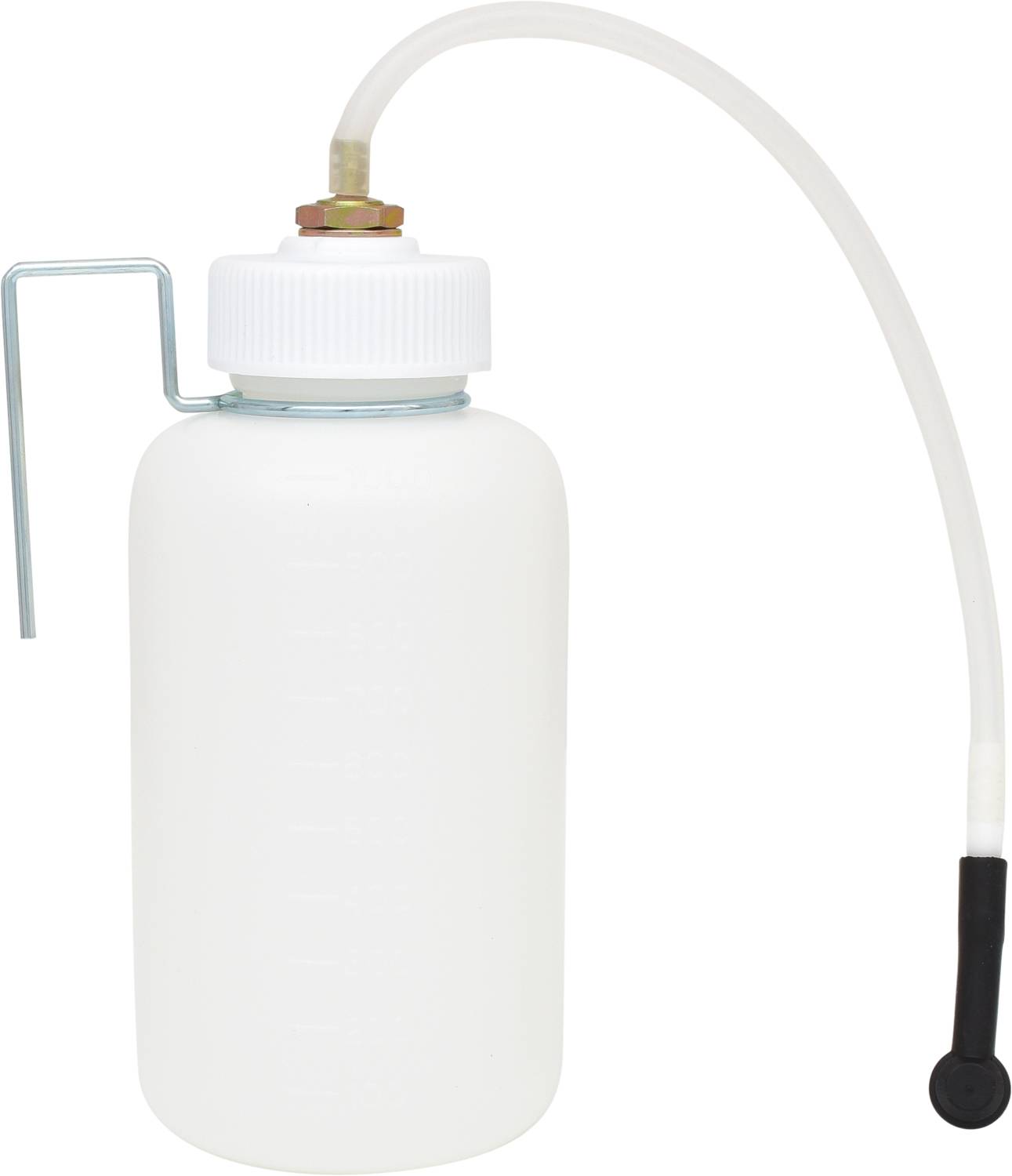 A white plastic bottle with a screw-on lid and a curved tube, likely used for dosing or fluid transfer.