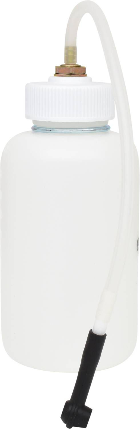 White plastic bottle with screw cap and flexible dispensing spout. Commonly used in laboratories or workshops.