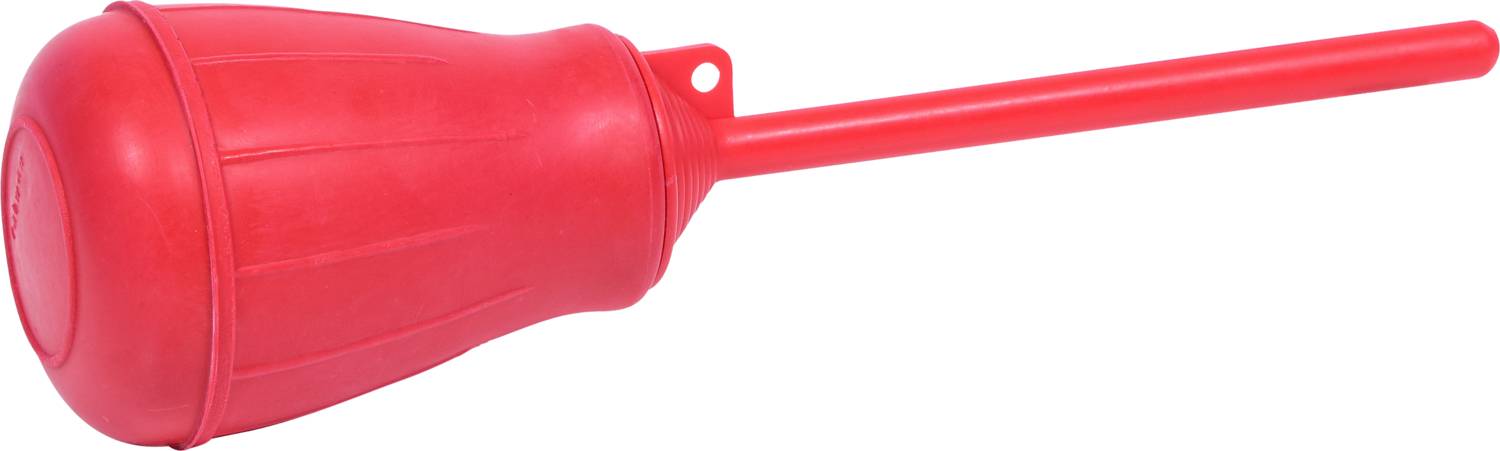 A red rubber plunger with a long handle, used for clearing drains and toilets.