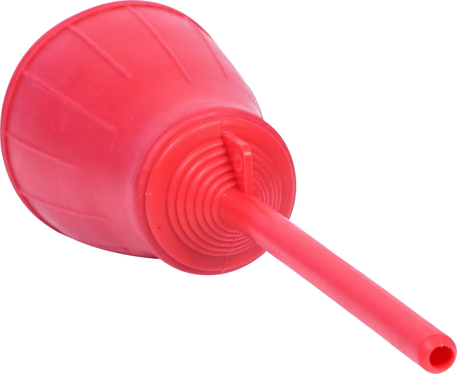 A red funnel with a long spout, lying on its side. Ideal for pouring liquids into narrow openings.