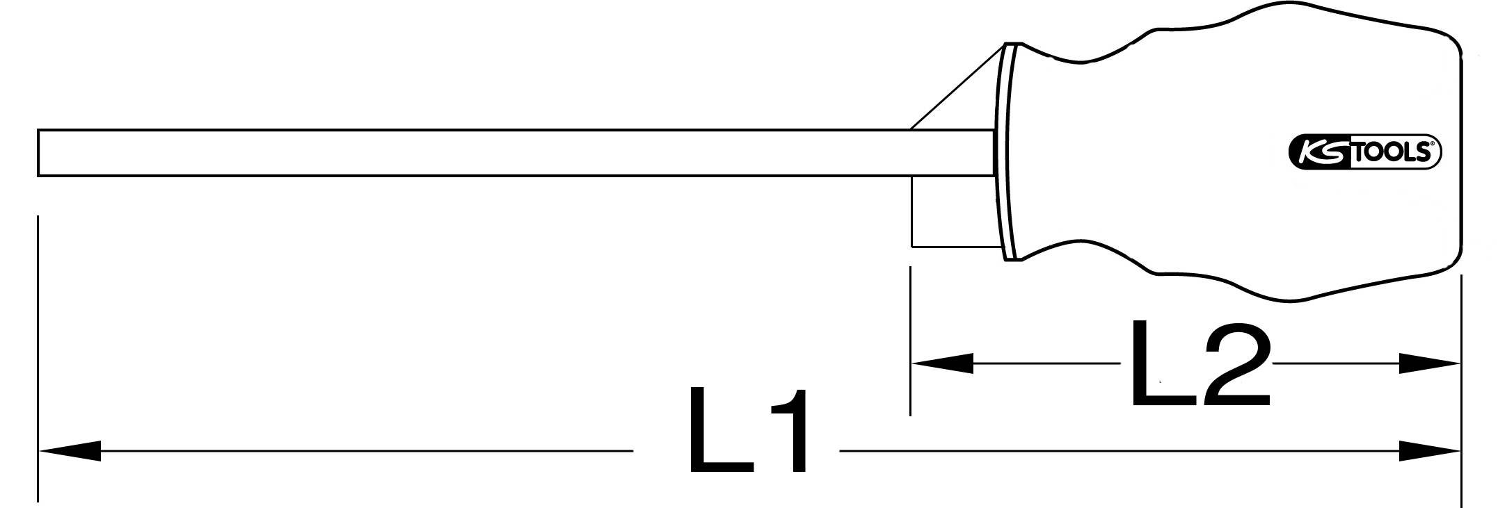 Screwdriver technical drawing: long shaft 'L1', handle 'L2', marked with 'KS TOOLS'. Shows length proportions.