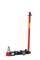 Red hydraulic jack with long handle and black wheels, suitable for lifting heavy loads, against a white background.